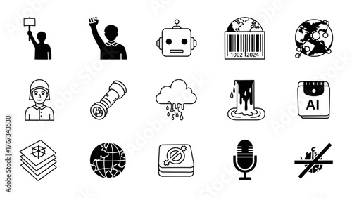 Collection of Contemporary Linear Icons Technology, Social Issues, Nature, and Digital Concepts