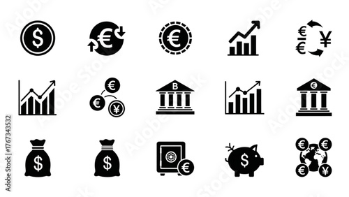 Financial Icons Currency Exchange, Investment, and Banking Symbols for Business