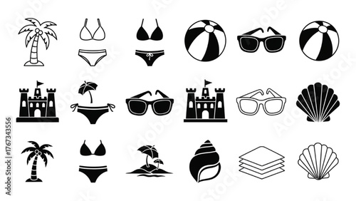 Minimalist black and white icon set for summer vacation, beach travel, and holiday concepts