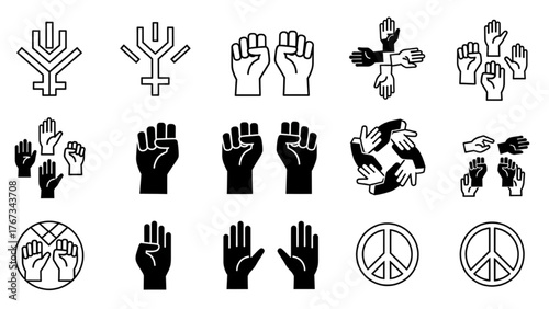 Diverse hands and symbols representing unity, peace, and activism