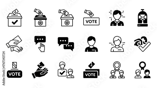 Election voting icons showing ballots, voting booths, and people casting votes