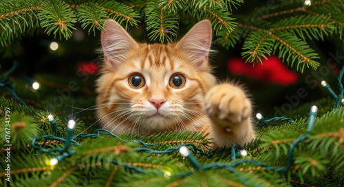 Adorable ginger cat inside a decorated Christmas tree looking at camera