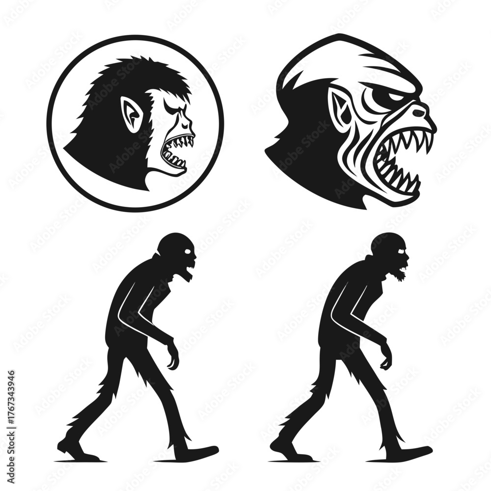 Fototapeta premium Collection of black and white silhouette illustrations featuring a menacing ape head and two walking zombie figures