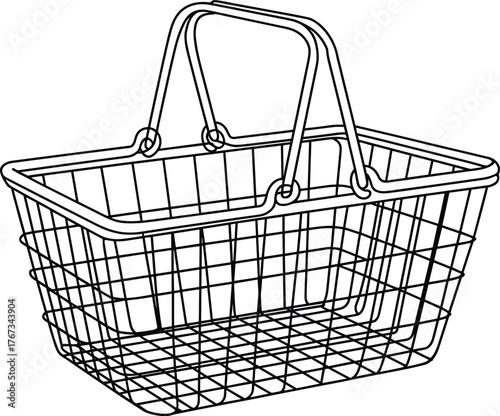 Wire shopping basket line drawing, detailed black and white illustration, empty retail container sketch, metal grid design, consumer product reference, store accessory