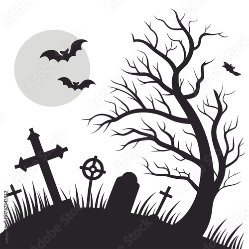 Spooky halloween graveyard scene with silhouette of bare tree bats flying and tombstones under a full moon