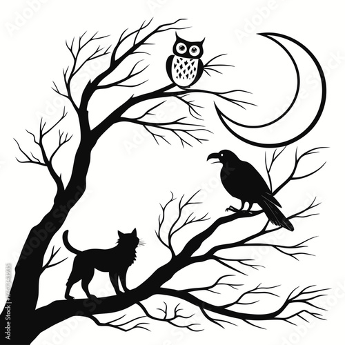 Silhouette of a black cat and a crow perched on bare tree branches under a crescent moon with an owl above