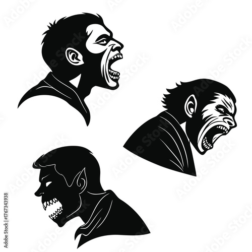 Three black silhouette profiles of aggressive creatures with open mouths and sharp teeth on a white background