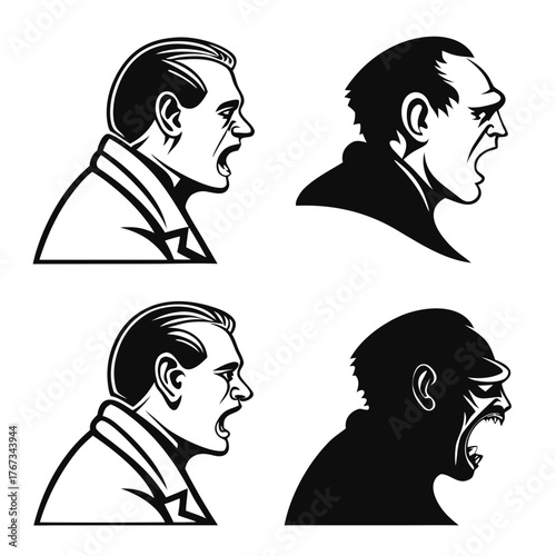 Four stylized profile illustrations of men and a gorilla roaring with mouths open in black and white