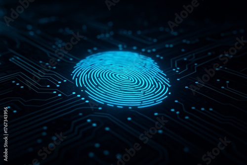 AI generated futuristic technology image with glowing blue fingerprint on dark electronic circuit background representing biometric identification cybersecurity digital security and innovation concept