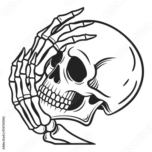 A black and white graphic illustration of a skeleton skull with its bony hands covering its eyes in a gesture of despair or disbelief