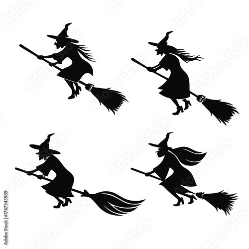 Four black silhouette illustrations of witches flying on brooms against a white background
