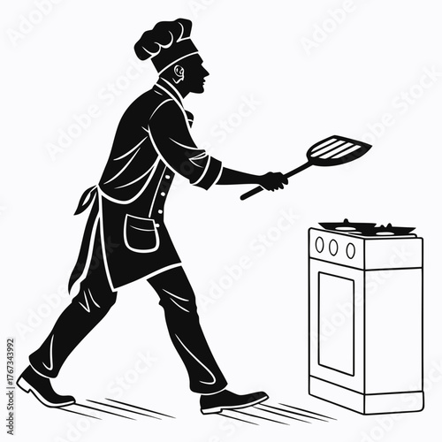 Silhouette of a chef in uniform and hat holding a spatula near a stove ready to cook