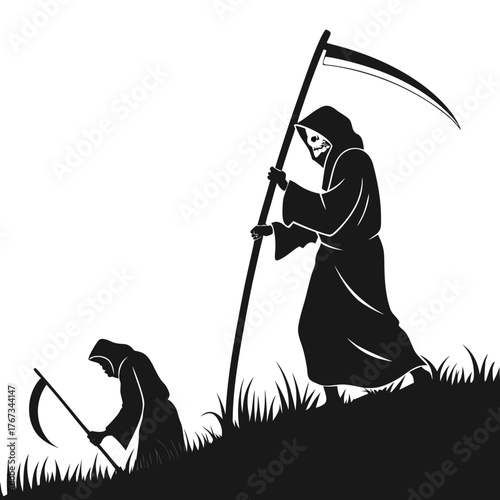 The grim reaper with a scythe in silhouette walking through tall grass towards a smaller figure