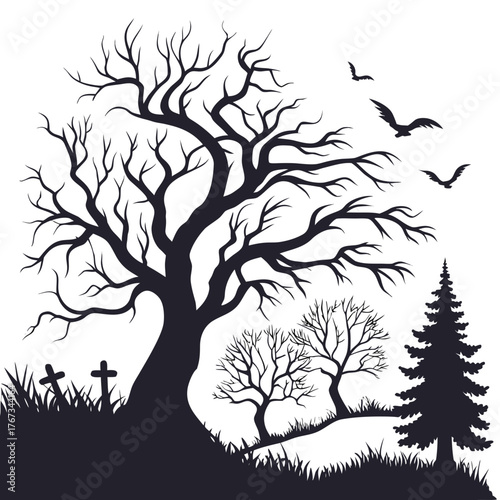 Silhouette of a spooky haunted graveyard with bare trees flying birds and a tall evergreen tree against a white background
