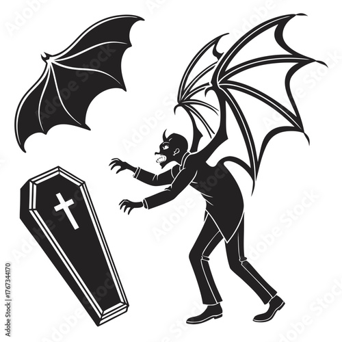 Silhouette of a winged devil figure emerging from a coffin with bat wings against a white background