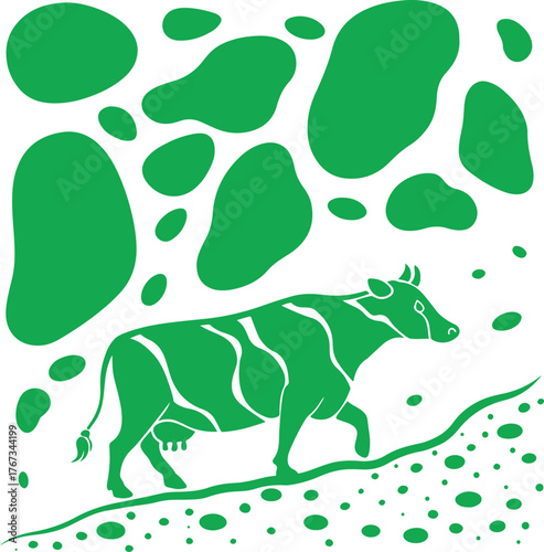 Green Cow Silhouette Walking on Green Landscape with Green Organic Shapes