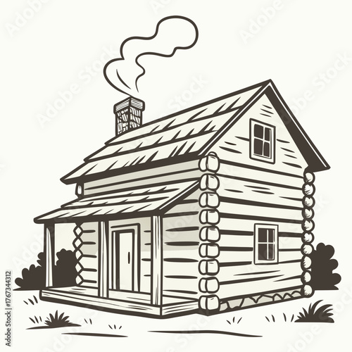 Charming illustration of a rustic log cabin with smoke billowing from the chimney, evoking a sense of warmth, simplicity, and rural living