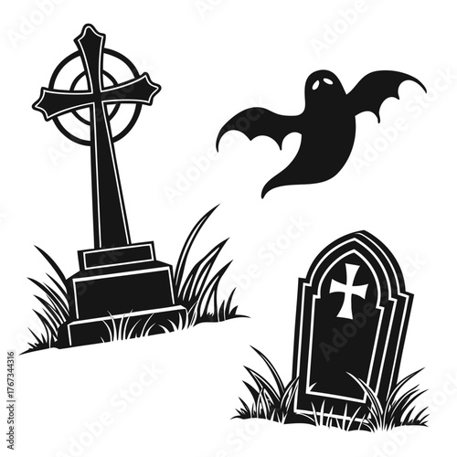 A spooky halloween illustration featuring a graveyard with a cross, tombstones, and a flying ghost, creating a chilling and eerie atmosphere for the holiday