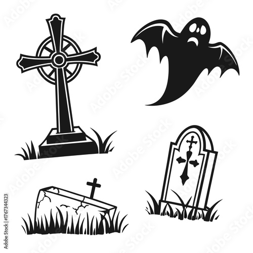Ghost and grave silhouettes featuring a celtic cross and tombstones, creating a spooky and eerie scene, perfect for halloween decorations