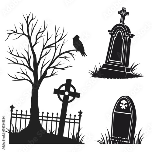 Eerie graveyard scene with bare tree, tombstones, celtic cross, fence, and raven perched on a branch, creating a spooky halloween atmosphere