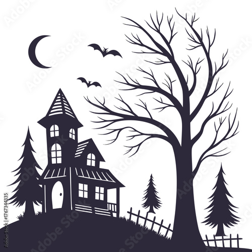 A spooky halloween scene featuring a haunted house on a hill, a bare tree, bats flying in front of a crescent moon, and a creepy fence in a vector illustration
