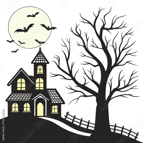 A spooky halloween scene featuring a haunted house on a hill, a bare tree, bats flying in front of a full moon, and a creepy fence in a vector illustration
