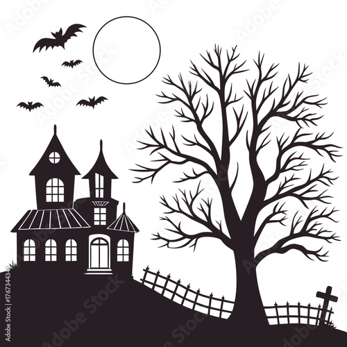 A spooky halloween scene featuring a haunted house on a hill, a bare tree, bats flying in front of a full moon, and a creepy fence in a vector illustration