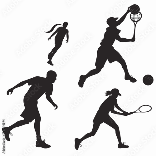 Silhouette of tennis, soccer, and running player the tennis player is swinging the racket, the soccer player is kicking the ball, and the runner is running