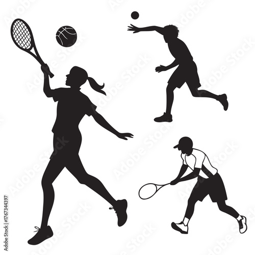 Silhouette illustration showcasing tennis players in action, capturing the dynamic movement and energy of the sport with a clean and modern design aesthetic