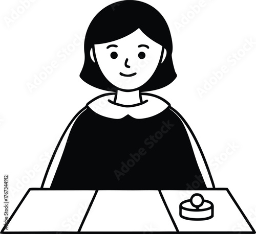 Hand drawn illustration of a smiling woman sitting behind a desk with a small air hockey puck and paddle