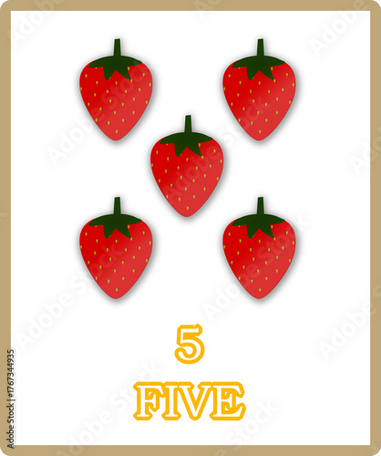 Strawberry number 5 educational flashcard vector illustration