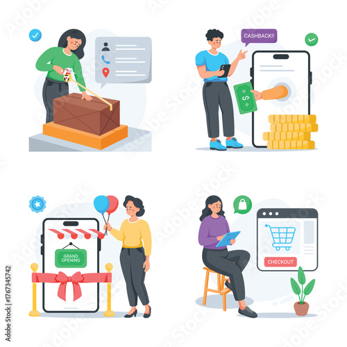 Collection of online shopping and ecommerce flat illustrations