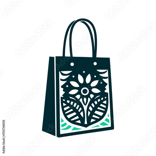 Elegant Shopping Bag with Floral Design A black shopping bag silhouette hangs by its handles
