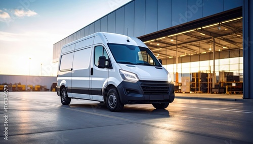 photo of electric delivery van with startup branding parked outside warehouse, daylight