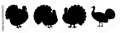 Four black silhouettes of turkeys with different poses and feather displays