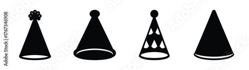 Four different styles of conical party hats displayed in a row with festive appeal