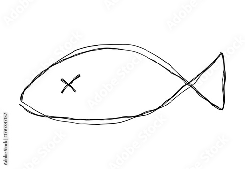 ダメージを受けて死んだ魚の手描きの線画アイコン。複数の線が重なったモノクロの落書きベクターイラスト。デフォルメした可愛いスタンプ素材