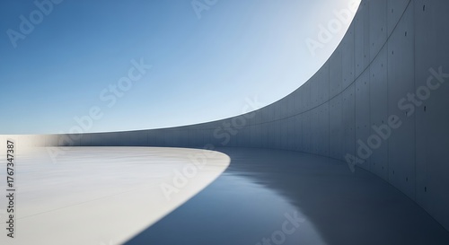 Minimalist curved concrete architecture captured with dramatic light and shadow, featuring a clean, austere