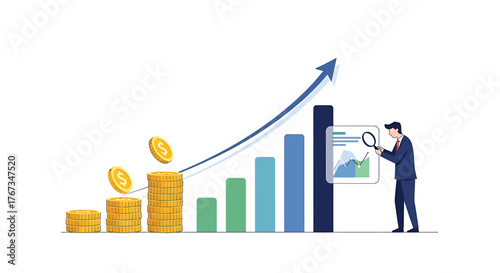 A flat vector illustration design showing a businessman analyzing a financial growth chart for investment strategy and profit