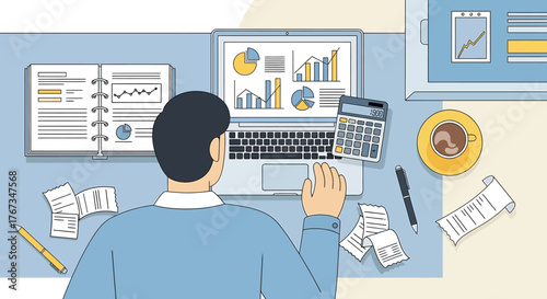 Effective financial data analysis and business strategy design, illustrating a professional meticulously reviewing reports and calculations on a laptop, emphasizing modern workflow and productivity