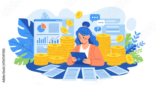 Financial success and wealth management concept design with a woman analyzing data on a tablet surrounded by coins