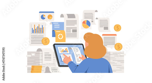 Innovative design concept for business analytics featuring a woman working with financial data reports on a digital tablet
