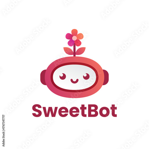 Adorable robot logo with gradient pink colors and a flower sprouting on top. Perfect for technology, chatbot, kids brand, AI assistant, creative startup, and friendly tech identity design.