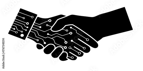 AI and Human Handshake Silhouette - Minimalist Black Vector Icon of Technology and Future Collaboration