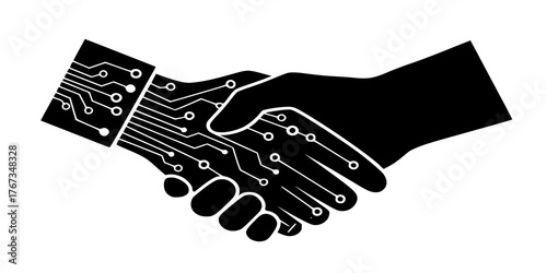 AI and Human Handshake Silhouette - Minimalist Black Vector Icon of Technology and Future Collaboration