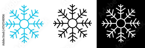 Simple geometric snowflake symbol in blue, black, and white. Represents winter, cold weather, and purity. Ideal for seasonal designs, patterns, or decorations.
