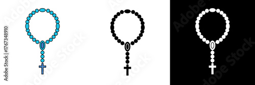 Rosary necklace with cross pendant, drawn in color, black, and white. Symbol of prayer and meditation in Christianity. Great for religious and devotional designs.