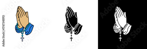 Hands in prayer with rosary beads, symbolizing faith, devotion, and hope. Shown in color, black, and white. Ideal for church graphics and spiritual projects.
