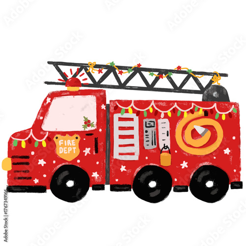 Cute red fire truck engine with christmas xmas holiday season colorful lights decoration crayon watercolor kids illustration clipart sticker transparent