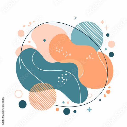 Trendy abstract background. Composition of amorphous forms and lines. Template for social networks.